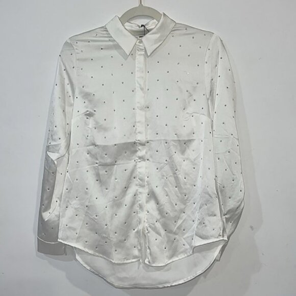 White Satin button front Rhinestone Womens Blouse size Small - Picture 1 of 12